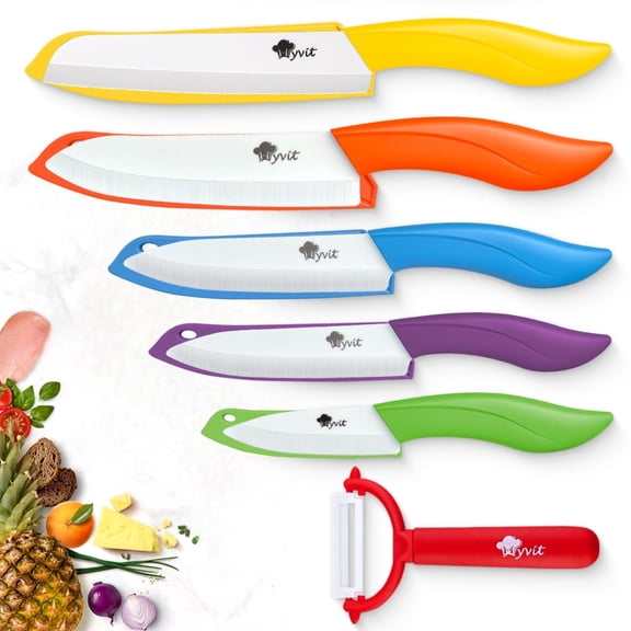 MYVIT Ceramic Knives Set for Kitchen, 5PCS Sharp Knife Set with Covers Vegetable Fruit Paring Knifes and 6" Serrated Knife