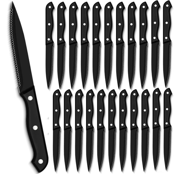 MYVIT Sharp Steak Knives Bulk Set of 24,Serrated Black Steak Knife Triple Riveted Handle Stainless Steel Kitchen Knife Cutlery Set Dishwasher Safe,4.5-inch