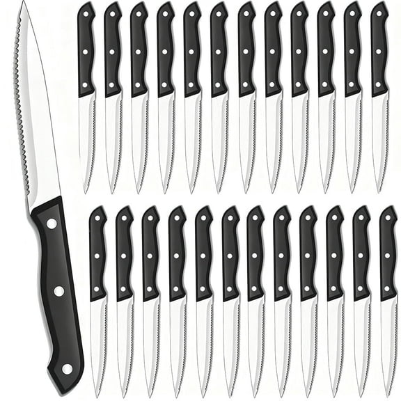 MYVIT Sharp Steak Knives Bulk Set of 24,Serrated Steak Knife Triple Riveted Handle Stainless Steel Kitchen Knife Cutlery Set Dishwasher Safe,4.5-inch