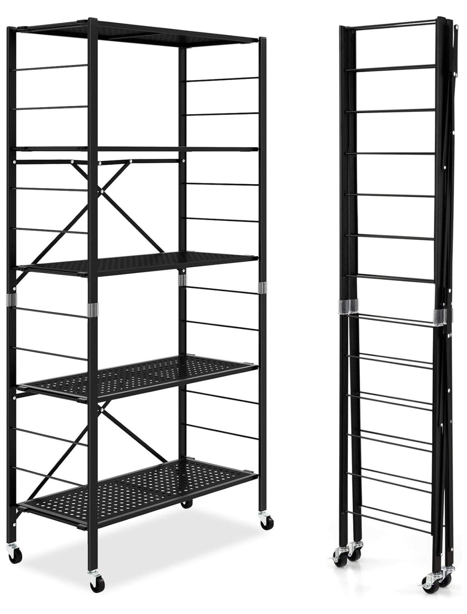 MYXIO 5Tier Folding Storage Shelves with Wheels, 60” Tall Adjustable Metal Shelving Unit