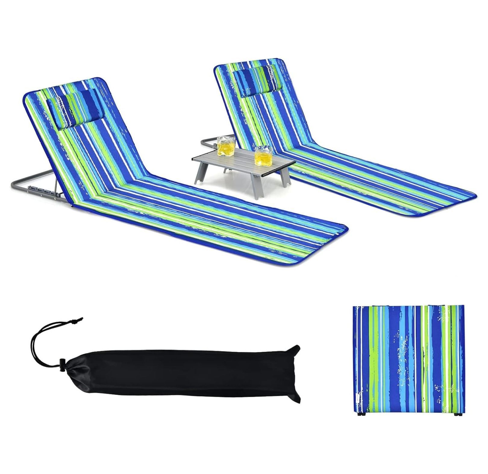 MYXIO Beach Chairs, Folding Tanning Lounge Chairs with Table Set