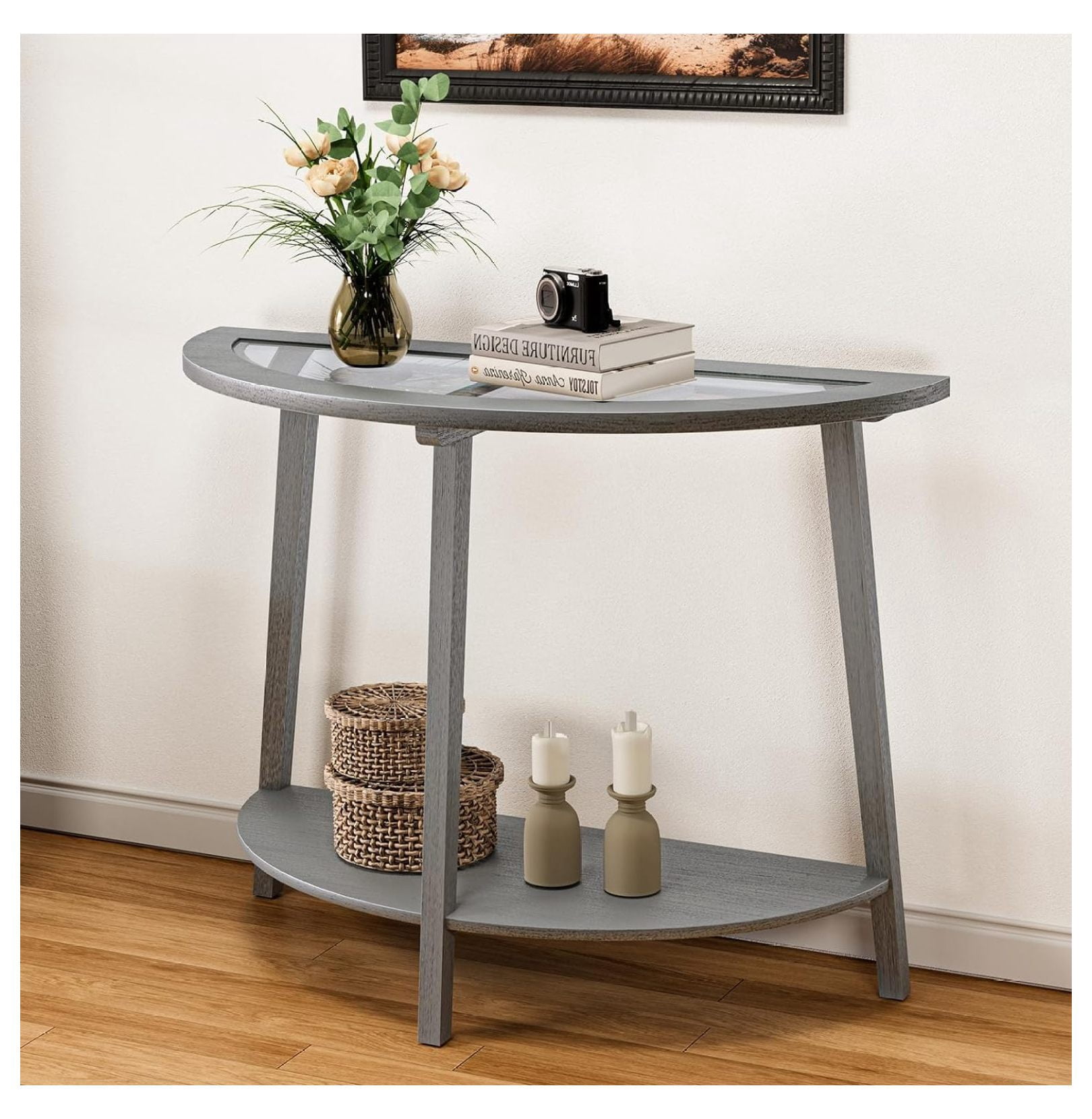 MYXIO Half-Round Entryway Table with Shelf Solid MDF Board Glass Table ...
