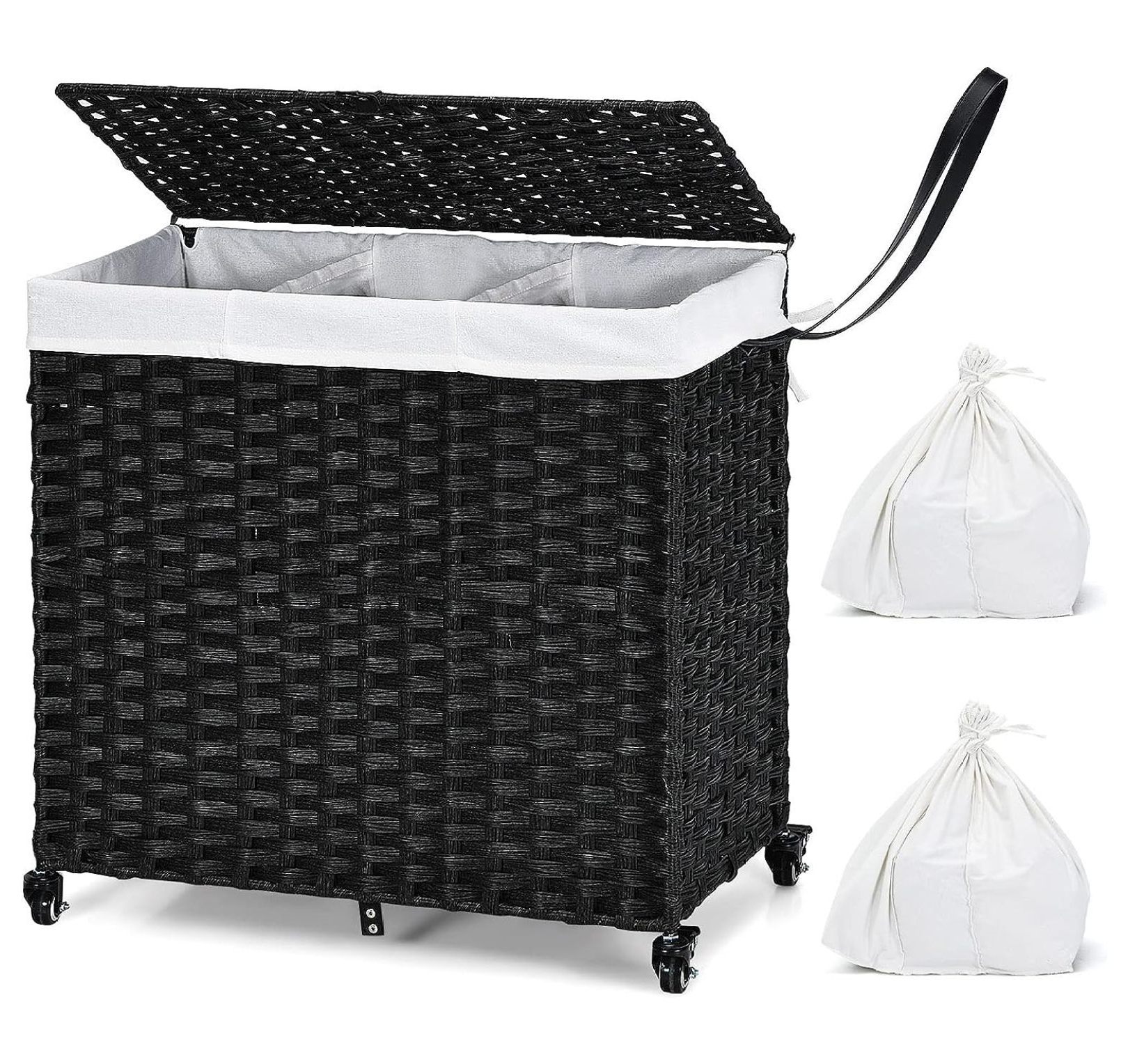 MYXIO Laundry Hamper with Lid and Wheels, Hand Woven Rattan Clothes