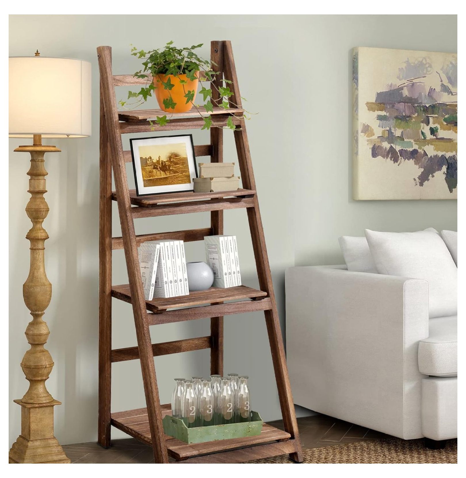 MYXIO Wood Ladder Shelf,4Tier Storage Standing Organizer Modern Shelf