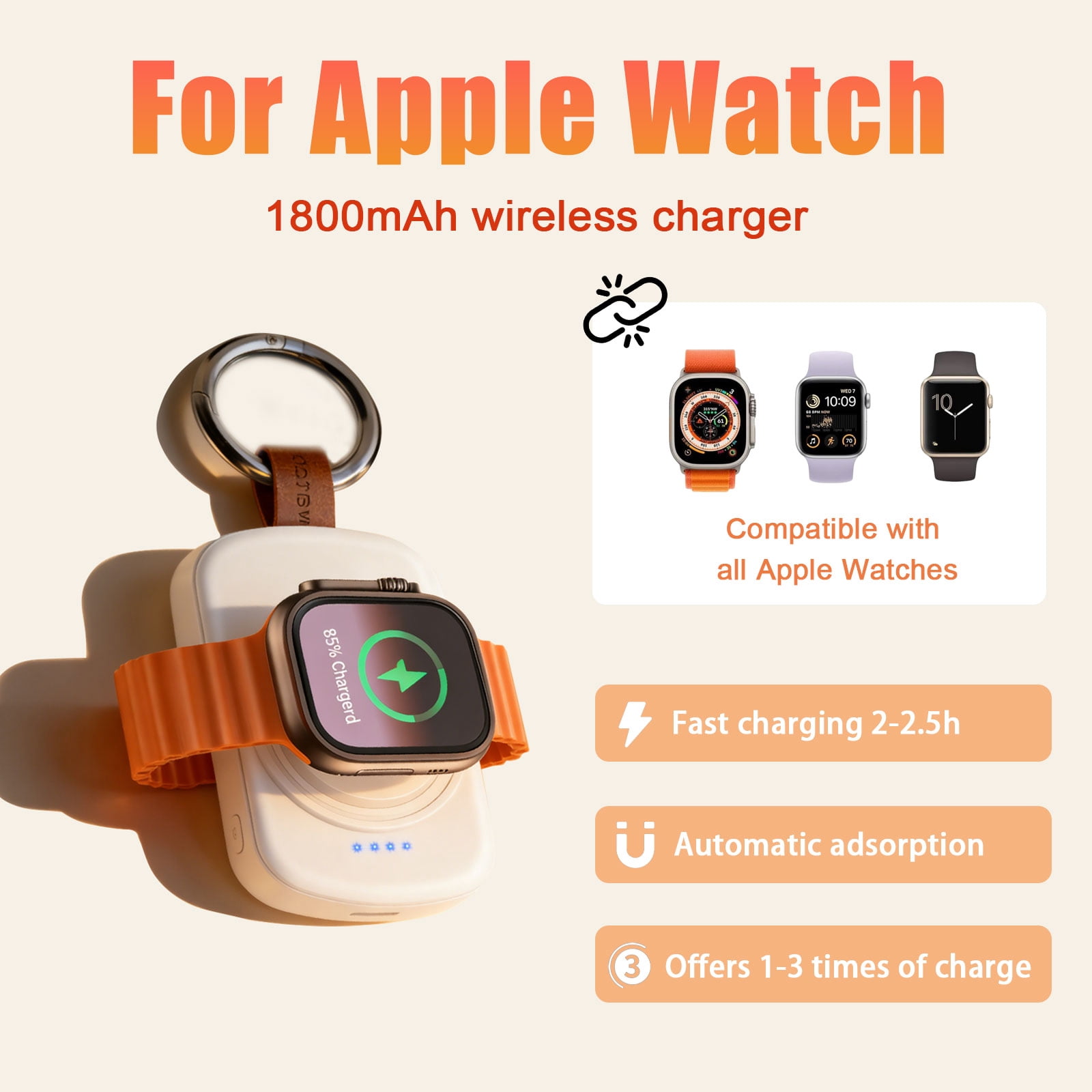 MYXON 1800mAh Portable Wireless Watch Charger for Apple Watch, Keychain Design, Type-C Cable, USB Powered