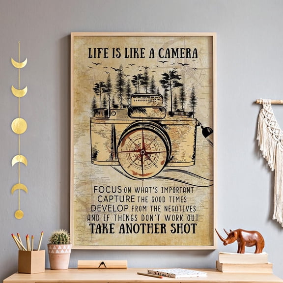 MYYUK Camping With Camera Wall Art, Life Is Like A Camera Unframed Poster,Nature Adventure Gift for Camper,Rustic Cabin Tent Campfire Wall Hanging