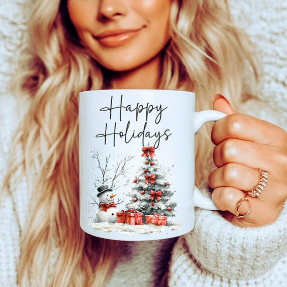 MYYUK Happy Holidays Coffee Mug | Merry Christmas Mug or Tumbler | Snowman Tree Scene | Ceramic Mugs & Stainless Steel Tumblers
