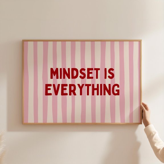 MYYUK Mindset Is Everything Poster, Inspiring Quote Wall Art, Home Office Poster Desk Decor Uplifting Pink Stripes Art Poster
