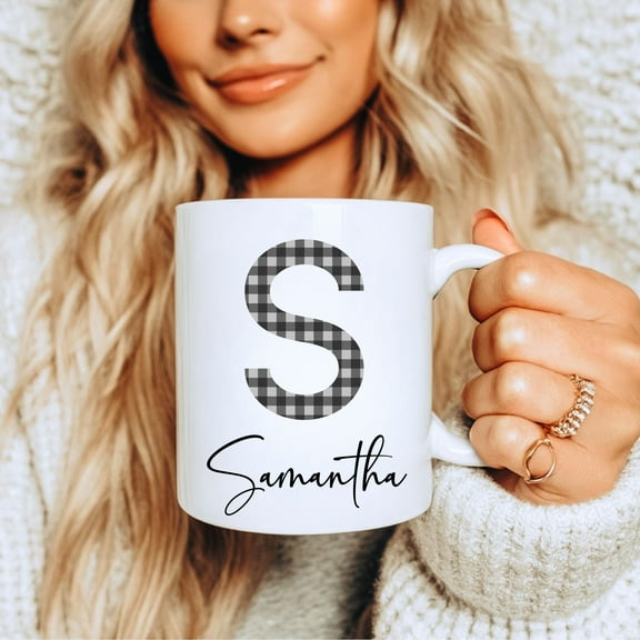 MYYUK Personalized Gingham Monogram Mug: Ceramic Coffee Mug or Frosted Glass Cup