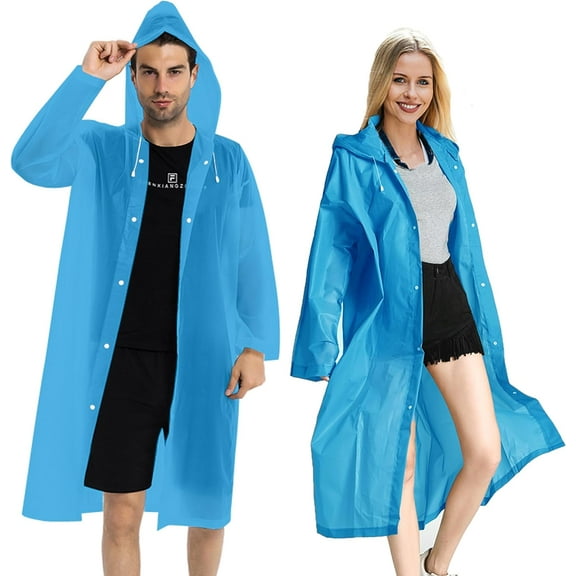 MYYZ EVA Rain Poncho for Adults, 2 Pack Reusable Raincoat with Hoods and Sleeves, Blue﻿