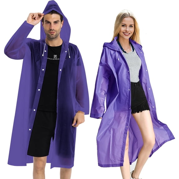 MYYZ EVA Rain Poncho for Adults, 2 Pack Reusable Raincoat with Hoods and Sleeves, Purple