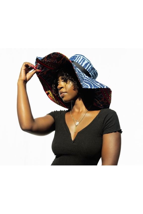 Women's African, Ankara, Atoghu Fabric Sun hat 100% Cotton, Reversible, Wide Brim, Fabric Beach Cap - Bamileke