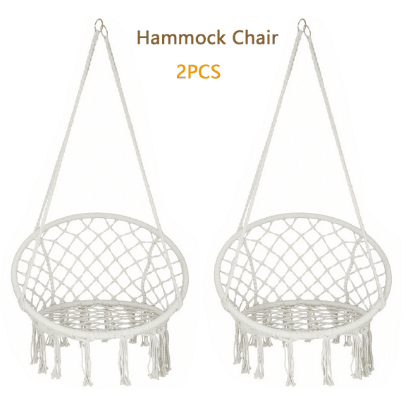 MYZBBD 2 Pack Hammock Chair Macrame Swing, Handmade Knitted Cotton Rope Hammock Swing Chair for Indoor/Outdoor Home Bedroom Yard Garden Patio, Max 330, Beige