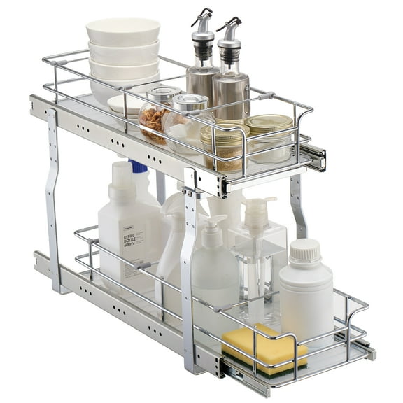 MYZBBD 2 Tier Pull Out Cabinet Organizer, Slide Out Drawers For Kitchen Cabinets, Pull Out Drawers For Cabinets Capacity Heavy Duty Caddy, Cabinet Pullout Shelves Chrome,9 x 22 inch