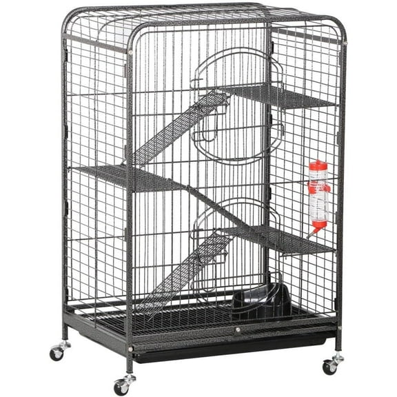 MYZBBD 37-inch Metal Ferret Chinchilla Cage Indoor Outdoor Small Animals Hutch w/ 2 Front Doors/Feeder/Wheels for Squirrel,Black