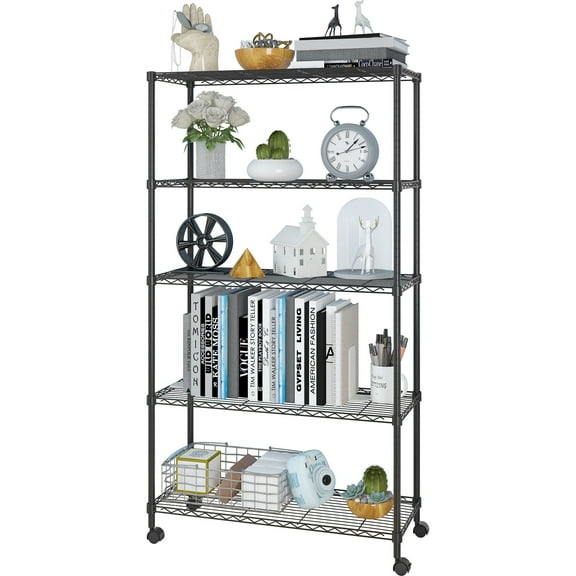 MYZBBD 5-Tier Rolling Utility Cart, Heavy-Duty Metal Storage Shelf with Locking Wheels, Multi-Purpose Organizer Rack for Kitchen Bathroom Office, Mobile Display Stand,Black