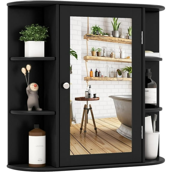 MYZBBD Bathroom Medicine Cabinet with Mirror, Wall Mounted Home Storage with Door & 6 Open Shelves, Adjustable Shelves, Mirrored Bathroom Wall Cabinet (Black)