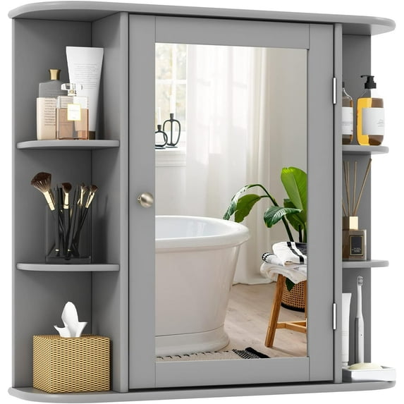 MYZBBD Bathroom Medicine Cabinet with Mirror, Wall Mounted Home Storage with Door & 6 Open Shelves, Adjustable Shelves, Mirrored Bathroom Wall Cabinet (Gray)