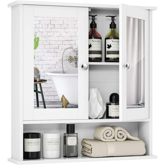 MYZBBD Bathroom Medicine Cabinet with Mirror, Wall Mounted Wooden Hanging Organizer with Doors and Shelves, Bathroom Wall Mirror Cabinet (Mirror Doors, White)