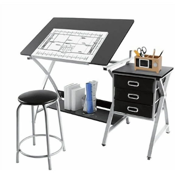 MYZBBD Drafting Desk, Drawing Table for Artists/Adults, Art Desk w/Stool and 3 Slide Drawers, Painting Studio Design Work Station, Adjustable Tabletop, Modern