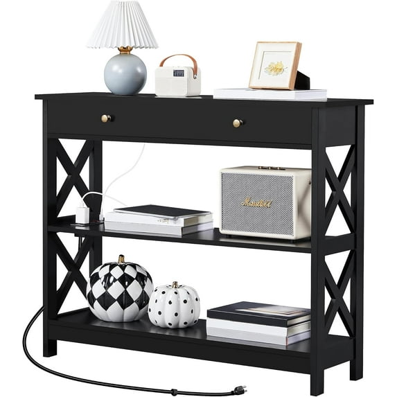 MYZBBD Entryway Table with Drawer, Wood Console Table with Outlets and USB Ports, Sofa Table Narrow Long with Storage Shelves for Living Room, Hallway, Foyer, Black