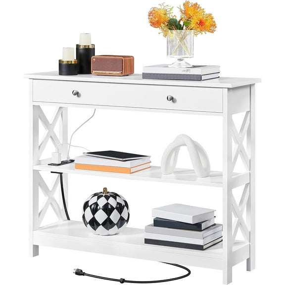 MYZBBD Entryway Table with Drawer, Wood Console Table with Outlets and USB Ports, Sofa Tables Narrow Long with Storage Shelves for Living Room, Hallway, Foyer, White