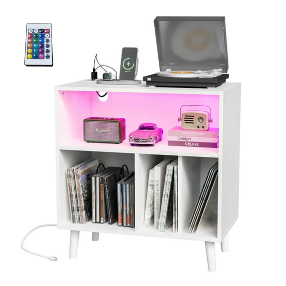 MYZBBD Player Stand Vinyl Record Storage Cabinet with Built-in Power Outlet & LED Light Strip, Modern Media Console for Living Room, Bedroom, Game Room,White