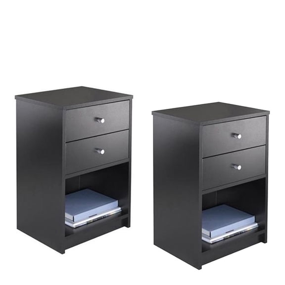 MYZBBD Set of 2 Bedroom Nightstands, 2 Drawer Bedside End Table with Open Shelf, Modern Bedside Organizer for Lamp Phone Books, Space Saving Black End Tables