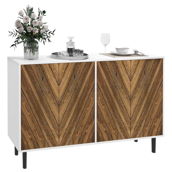MYZBBD Sideboard Buffet Cabinet with Chevron Doors and Solid Pine Wood Legs for Dining Room Living Room, Brown Kitchen Buffet Server with Adjustable Shelves