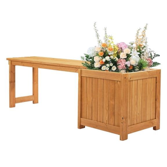 MYZBBD Wood Planter Box with Bench, Raised Garden Bed with Seat, Teak Oil Finish & Open-ended Base, Outdoor Flower Box Kit Patio Decor Bench for Garden Yard Balcony