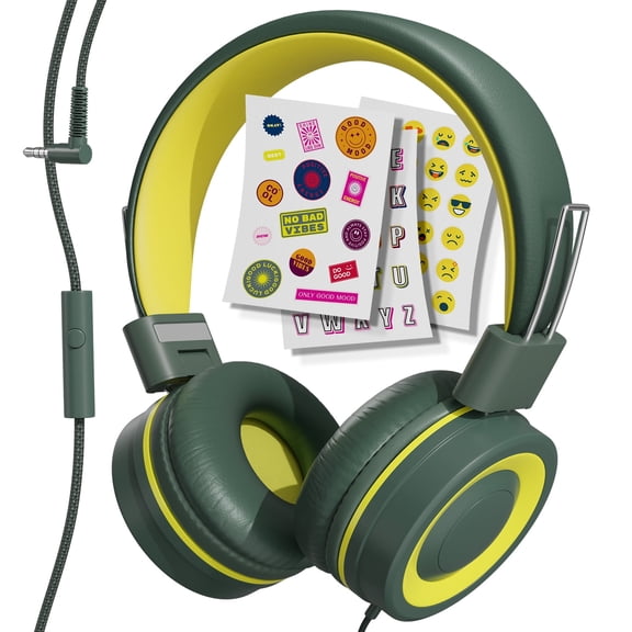 MYZI Kids Wired Headphones with Mic, 85dB Safe Volume, Stickers Included – Green