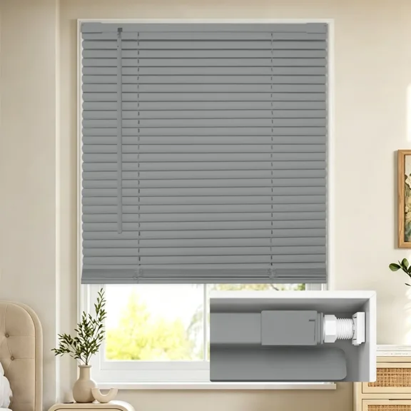 MYshade No Tools-No Drill Gray-22"W*48"H Cordless 1" Light Filtering Mini Blinds for Indoor Windows Horizontal Shades with Smooth Lift & Dustproof Slats
