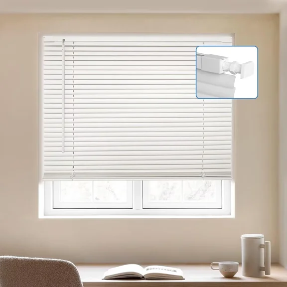 MYshade No Tools-No Drill White-28.5"W*48"H Cordless 1" Light Filtering Mini Blinds for Indoor Windows Horizontal Shades with Smooth Lift & Dustproof Slats