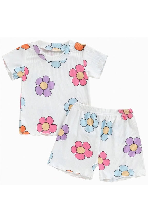 Infant Baby Girl Summer Clothes Set 9 12 18 24 Months 2T 3T 4T Flower Short Sleeve Round Neck Tops Elastic Waist Shorts Outfit,White,18-24M