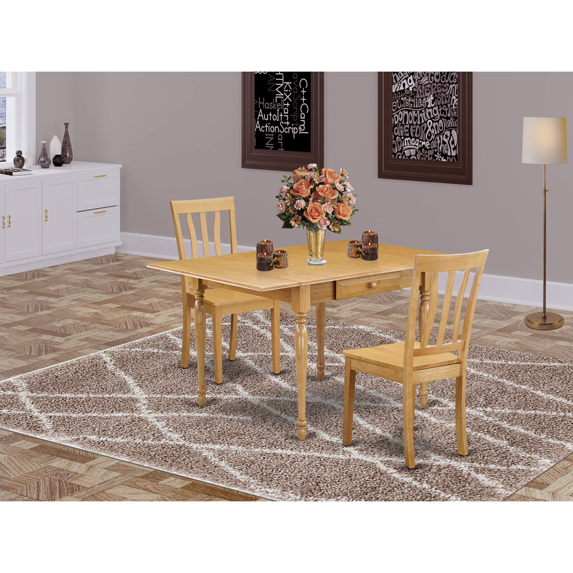 MZAN3-OAK-W Wood Dining Table Set | 3-Piece Dinette Set with Drop-Leaf ...