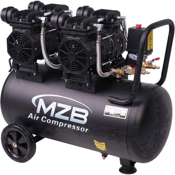 MZB 1100H-50 Black 13.2 Gallon Compact Dual 1.5HP Oil-Free Air Compressor,110V 115PSI Ultra Quiet Portable Wheeled Steel Tank