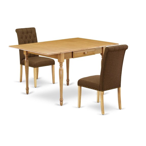 MZBR3-OAK-18 3Pc Dining Set: Oak Finish, Drop Leaf Table, 2 Parson Chairs, Linen Fabric, Easy Assembly, Durable Hardwood. Perfect for Small Spaces.