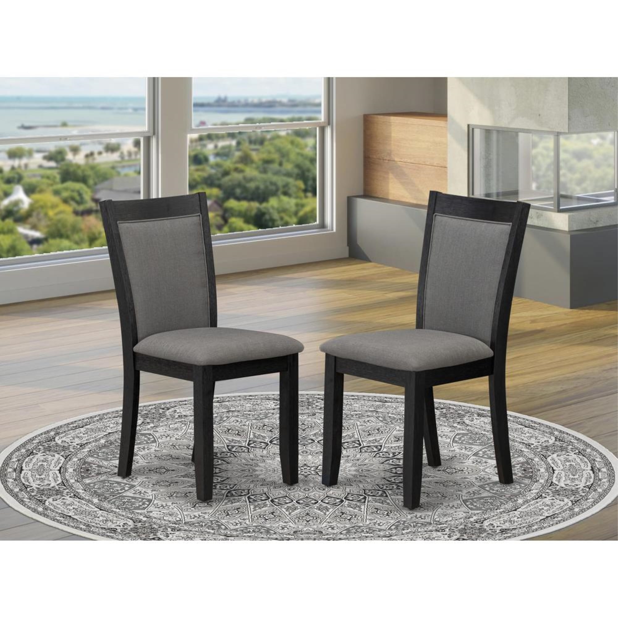 MZC6T50 Modern Dining Chairs Dark Gotham Grey Linen Fabric Seat and High Chair Back Wire Brushed Black Finish SET OF 2