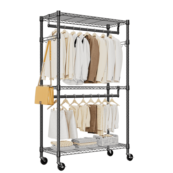 M MZG 3 Tier Metal Garment Rack,15.7" D x 29.5" W x 74.5" H,Rolling Clothings Rack with 2 Rods, Heavy Duty Black Wire Shelf