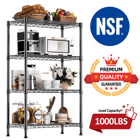M MZG 4 Shelf Wire Shelving, 1000 lbs Capacity,Adjustable Metal Shelves,13.7" D x 29.5" W x 47.2" H,for Kitchen Pantry Garage,Black