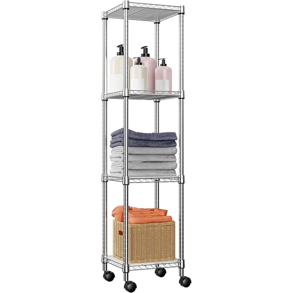 MZG 4 Tier Metal Wire Shelf, 11.8" D x 11.8" W x 48.1" H, Silver Shelves with Wheels, Kicthen Pantry Bathroom Rack