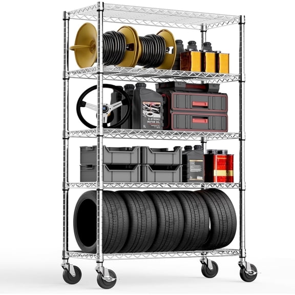 M MZG 5 Tier Heavy Duty Shelving Unit with Wheels,17.7" D x 47.2" W x 76.7" H,Metal Wire Rack for Garage Kitchen Retial, Chrome Shelves