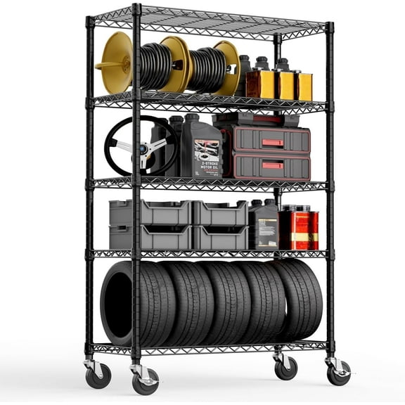 M MZG 5 Tier Heavy Duty Shelving Unit with Wheels,17.7"D x 47.2"W x 76.7"H,Wire Rack for Garage, Kitchen, Home,Black Metal Shelves