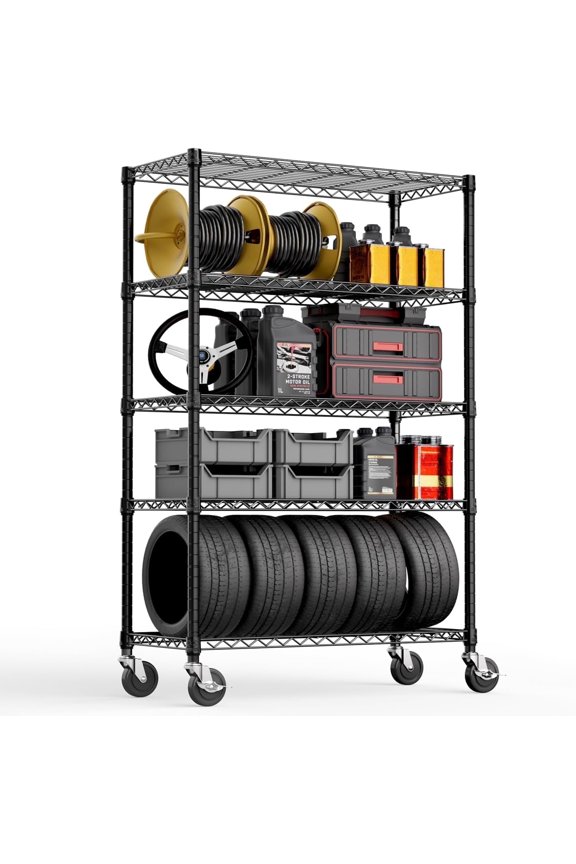 5 Tier Heavy Duty Shelving Unit with Wheels,17.7"D x 47.2"W x 76.7"H,Wire Rack for Garage, Kitchen, Home,Black Metal Shelves