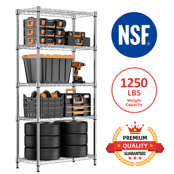 M MZG 5 Tier Metal Wire Shelf, Carbon Steel Storage Shelves,13.7" D x 23.6" W x 62.4" H,Kitchen Pantry Rack,Silver