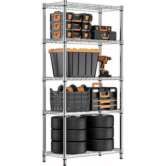 M MZG 5 Tier Metal Wire Shelf, Carbon Steel Storage Shelves,13.7" D x 23.6" W x 62.4" H,Kitchen Pantry Rack,Silver