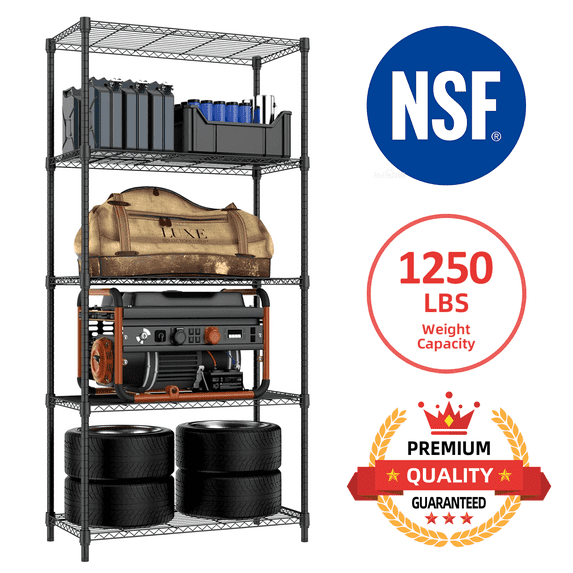 M MZG 1250 lbs Storage Shelves 5-Shelf Heavy Duty Metal Shelving Unit Standing Wire Rack for Office Garage Kitchen Waterproof, Black 33.5"W x 15.7"D x 68.5"H