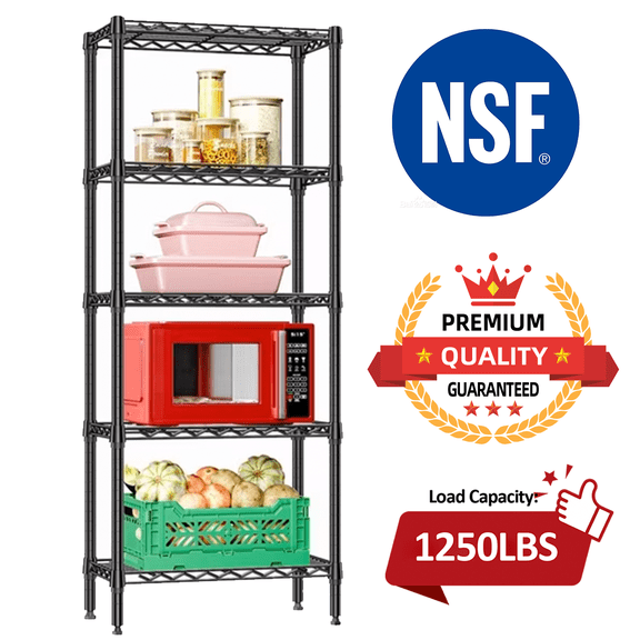 M MZG 5 Tiers Wire Shelving Unit, Dimensions: 23.6"W x 11.8"D x 59.5"H, Total Capacity 1250 lbs, Black