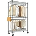 thumbnail image 1 of Heavy Duty Rolling Garment Rack 3 Tiers Adjustable Wire Shelving Clothes Rack with 2 Rods and Side Hooks,Storage Closet Clothing Rack with Wheels Chrome 15.7" D x 29.5" W x 74.5" H, 1 of 15