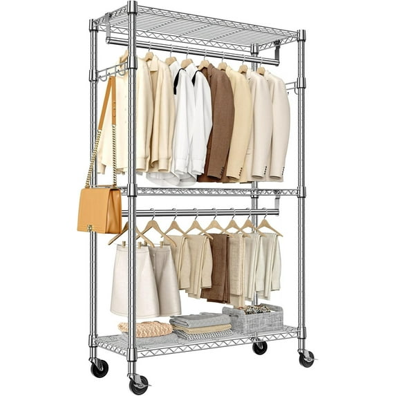 Heavy Duty Rolling Garment Rack 3 Tiers Adjustable Wire Shelving Clothes Rack with 2 Rods and Side Hooks,Storage Closet Clothing Rack with Wheels Chrome 15.7" D x 29.5" W x 74.5" H